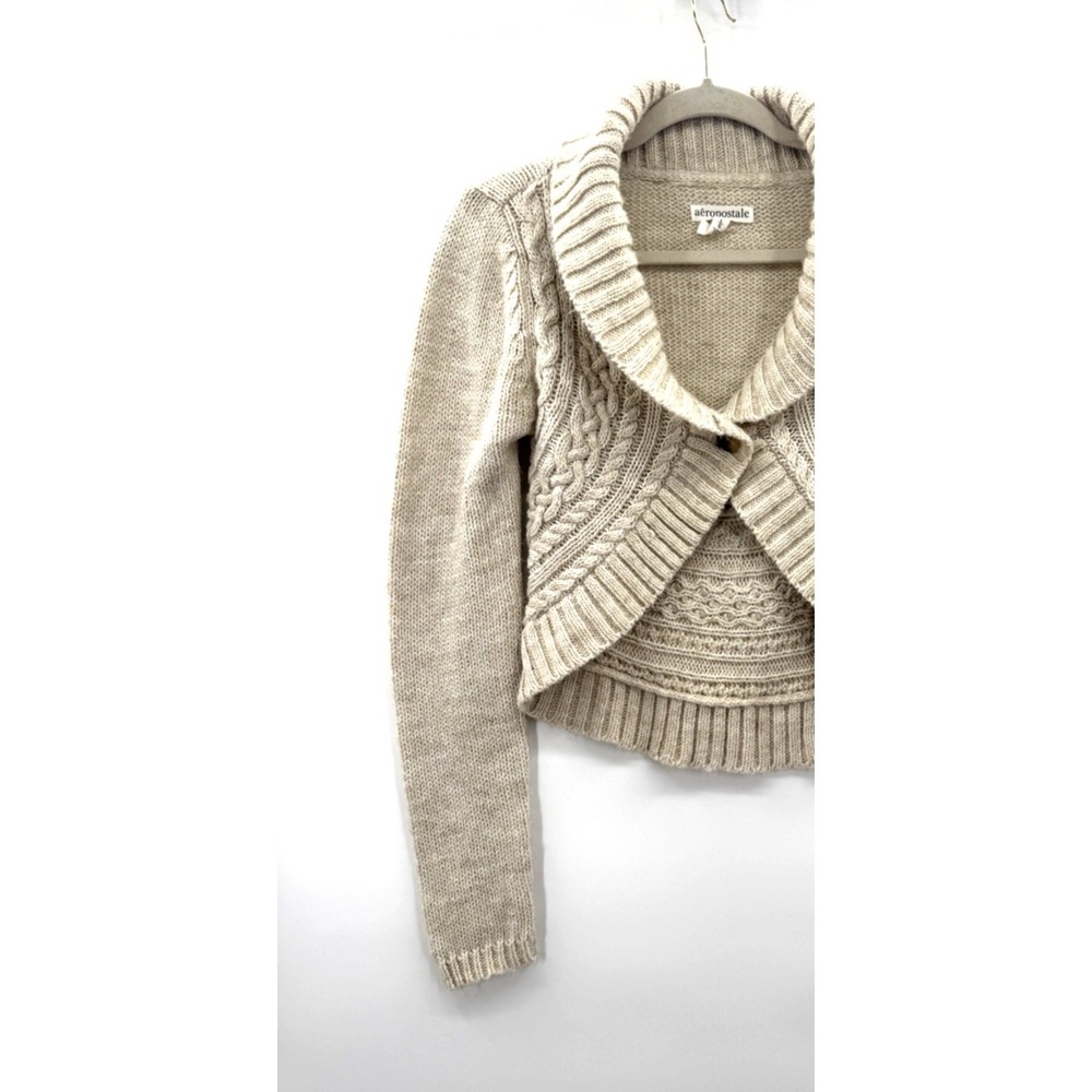 VTG Y2K Womens Large Cardigan Cropped Cable Knit Asymmetric Fisherman Preppy 90s